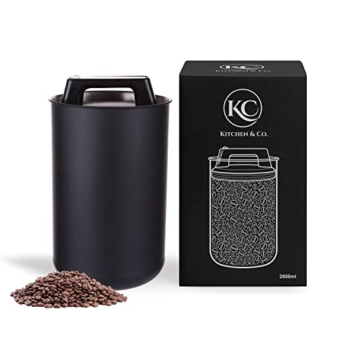 KC Kitchen & Co. Koffieblik luchtdicht voor 1 kg koffiebonen met vacuümdeksel (houder voor koffie, thee, roestvrij staal bewaarblik, met aromasluiting, voorraadblik, mat zwart, 2800 ml
