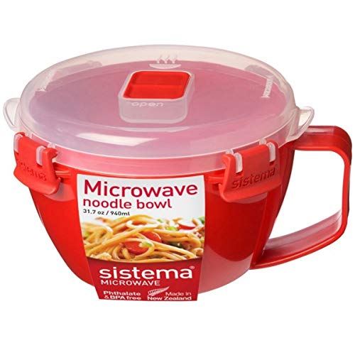 Sistema 2 stuks microgolven pastakommen, BPA-vrij, vaatwasmachinebestendig, 940 ml rood/helder