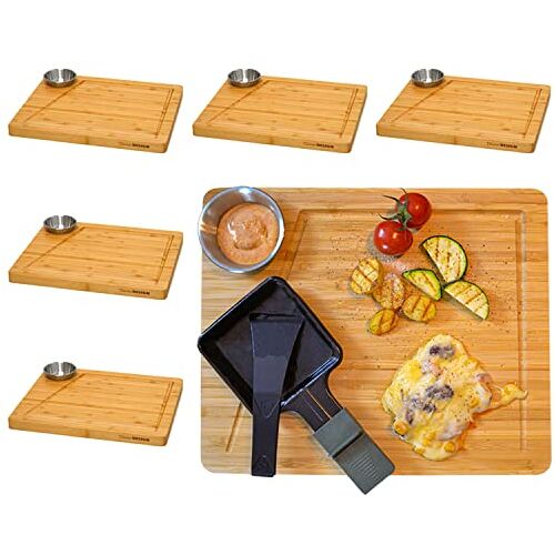 DuneDesign Raclette Bordenset voor 6 Personen 30 x 25 cm Racletteplankjes van Hout met Dipschaal Bamboe Raclettepannetjes Onderzetter Houten Raclette Pannetjes Borden Accessoires voor Raclette