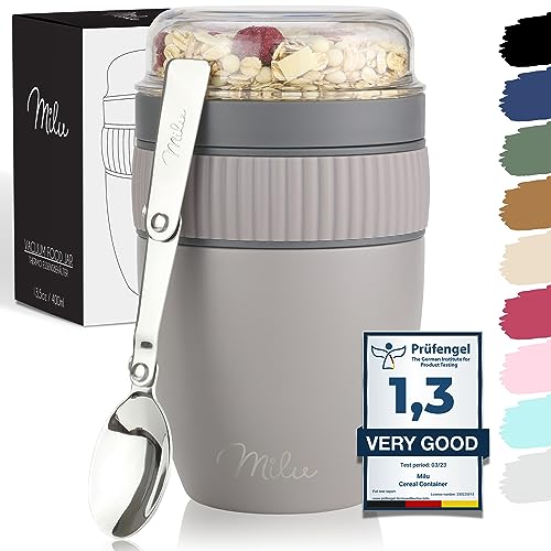 Milu Mueslibeker to go 400 ml, geïsoleerde roestvrijstalen yoghurtbeker voor muesli, lekvrije beker met lepel voor yoghurt / pap (taupe grijs)