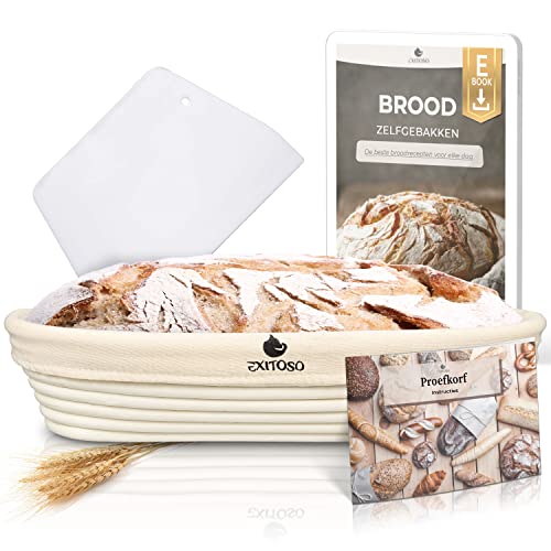 Exitoso Rijsmandje rond 1 kg van peddigrohr Ø 25 cm (deegscherper, e-book recept, linnen doek) brood bakken met rijsmandje set gaarmand rond Banneton broodbakaccessoires fermentatievorm gaarmanden brood bakken