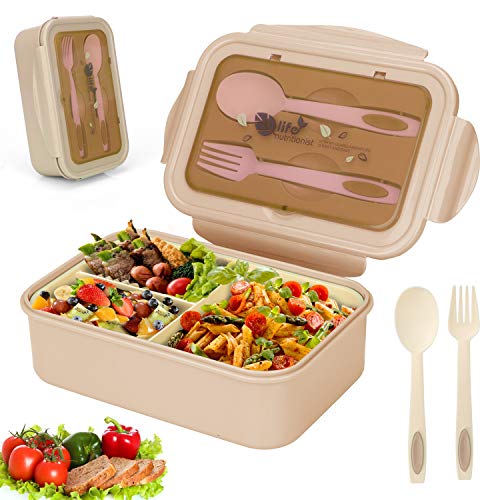 Sinwind Lunchbox, Bento Box, Bento-box, Bento-box, 1400 ml, met 3 vakken en bestek (beige)