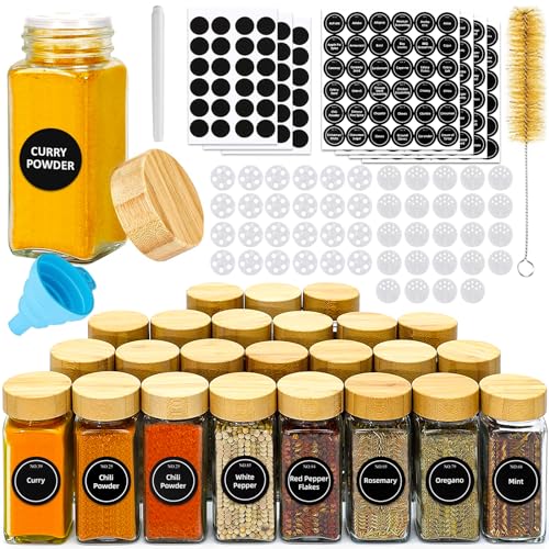 FAMKEEP kruidenpotjes van glas en hout 24 stuks 120ml kruidenpotjes set, kruidenpotjes set voor keukenopslag met kruidenlabels, shaker, trechter, borstel