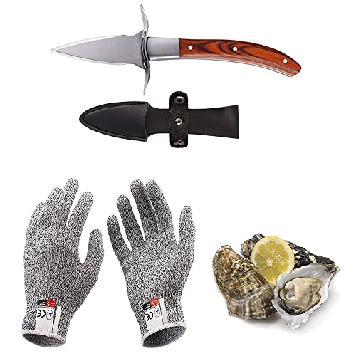 Kaqisen Oyster mes Oyster knife set oesteropener snijbestendige handschoenen voor schelpen of harde kaas geschikt houten handvat roestvrij staal (rood, medio/M)