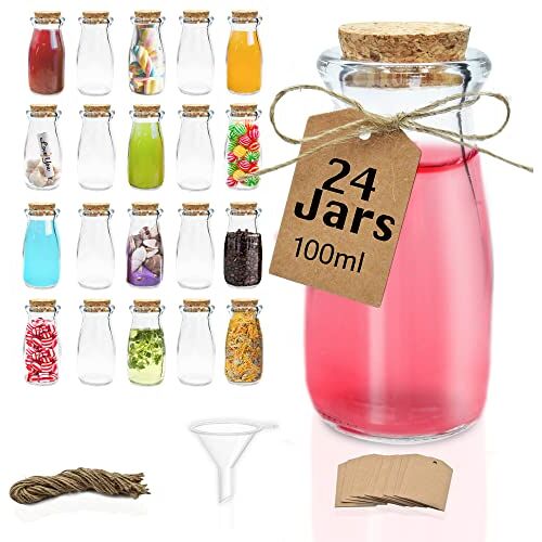 volila Mini glazen potten (100 ml) glazen flessen met kurken deksels voor feest en bruiloft decoratie, (set van 24) glazen flesjes met kurken deksels, trechter en labels met touw – Glass jars with lids