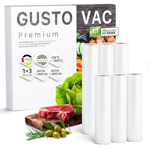 GustoVac Premium Vacuümfolie: 6 rollen Vacuümfolie: 3x20x300cm + 3x30x300cm, met Reliëfstructuur: BPA FREE, Scheurvast, Aromabestendig Folie Rollen voor Vacuümmakers Sous Vide Vacuümrollen