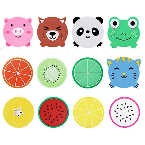 Creativee Siliconen Cartoon Novelty Onderzetter voor drankjes, 5 Dieren +7 Fruit Afbeeldingen Tafelmatten en Onderzetters Voeten Sets Plaats Mat voor Meubels (12 Pack)