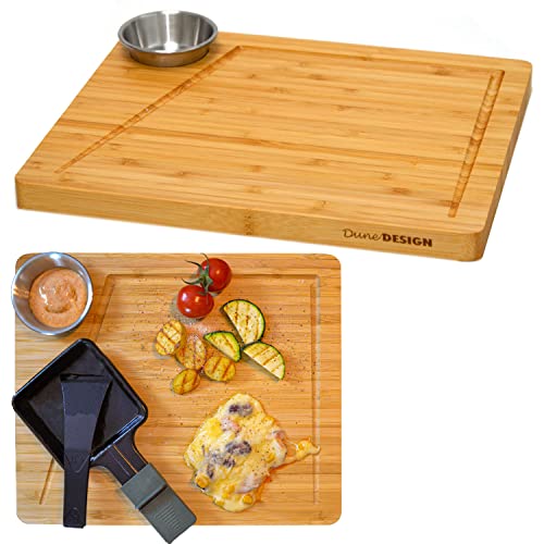 DuneDesign Raclette Bordenset voor 2 Personen 30 x 25 cm Racletteplankjes van Hout met Dipschaal Bamboe Raclettepannetjes Onderzetter Houten Raclette Pannetjes Borden Accessoires voor Raclette