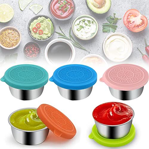 Snowtain 5 Stuks 50ml Salade Dressing Containers Saladedressing container kleine roestvrijstalen kruidenpotjes voor sauzen, dips en specerijen(met siliconen deksel) Roestvrij Staal Kruiderij Cup