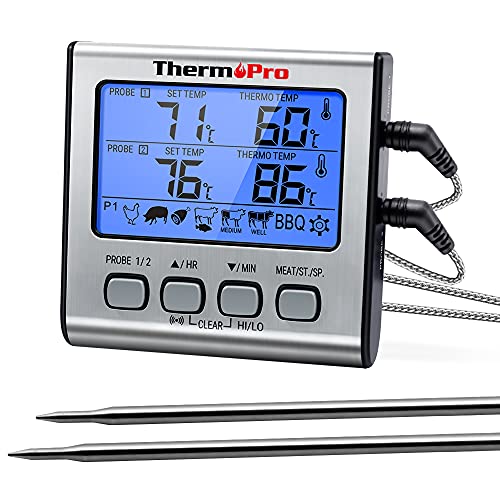 ThermoPro TP17 Digitale grillthermometer, braadthermometer, vleesthermometer, oventhermometer met timer, twee roestvrijstalen sondes, blauwe achterverlichting, temperatuurbereik tot 300 °C