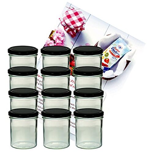 MamboCat Set van 12 inmaakpotten 350 ml jampot inmaakpot inmaakpot inwekpot to 82 zwart deksel incl. Diamant Suiker Gelierzauber receptenboekje