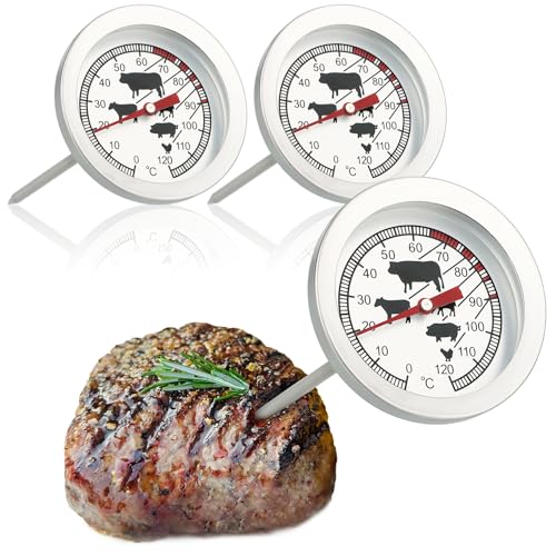 com-four ® 3x braadthermometer van roestvrij staal analoge vleesthermometer tot 120 ° C grillthermometer vleesnaald 10 cm (003 stuks)