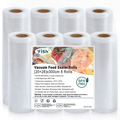 YISH Vacuümzakken, vacuümfolie, vacuümzakken, levensmiddelen, vacuümfolierollen: BPA-vrije vacuümzakken voor Sous Vide folierollen voor vacuümverpakker, 8 rollen, 20/28 x 300 cm folie