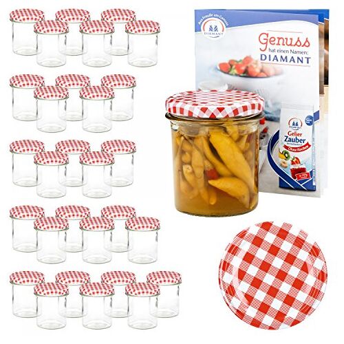 Van Well Set van 30 inmaakpotten, 350 ml, met deksel in rood-wit, geruit, incl. receptenboekje, inmaakpotten voor fruit en jam, weckpotten