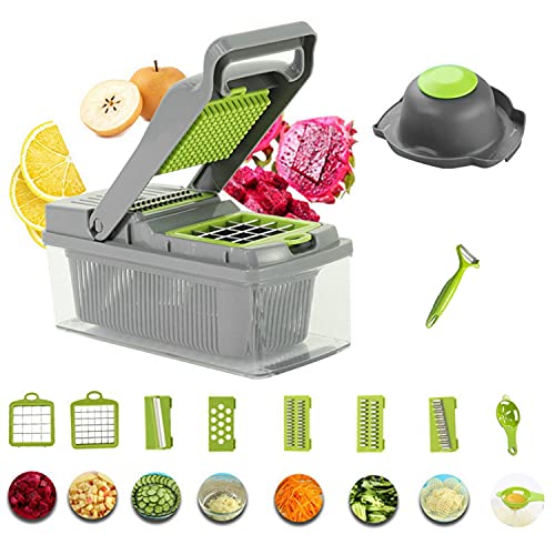 Ninevi Groentesnijder, 9-in-1 instelbare groenterasp, multisnijder, handmatige mandoline voor knoflook, aardappelen, tomaten, pompoenen, courgette, uien, grijs + groen