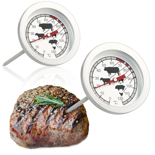 com-four ® 2x braadthermometer van roestvrij staal analoge vleesthermometer tot 120 ° C grillthermometer vleesnaald 10 cm (002 stuks)