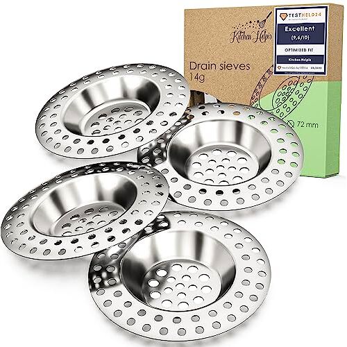 Kitchen Helpis ® Afvoerzeef set van 4, 14 g afvoerzeefje, 4 stuks metaal, Afvoerzeefje van roestvrij staal, Afvoerstop, douchehaarvanger, gootsteenzeefje, keukenafvoerzeefje, Douchehaarzeefje