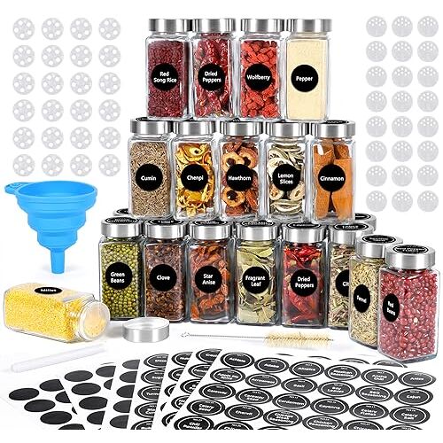 POWZOO Kruidenpotjes, 24-delig, 120 ml, vierkante kruidenpotjes, set, kruidenpot van glas, set kruidenpotjes voor het bewaren van keuken, met kruidenetiket, trechter, borstel en krijt.