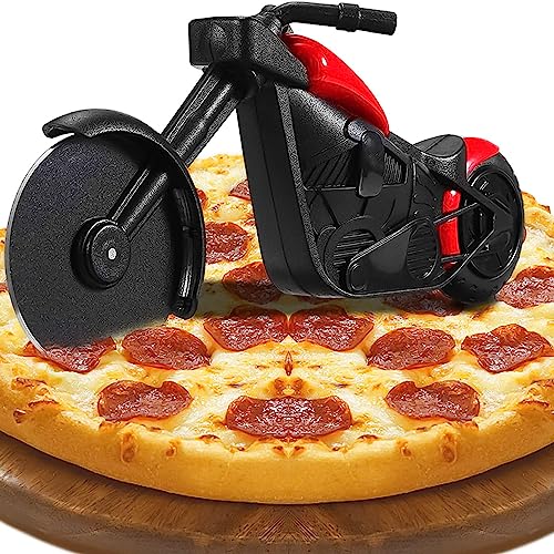 Kaiyingxin Pizzaroller, handmatige pizzasnijder, motorfiets, creatieve pizzasnijder, plezier pizzaroller, met standaard, voor het snijden van pizza, gebak, deeg (zwart rood)