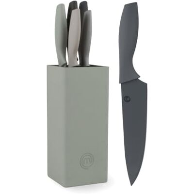 MasterChef Messenblok met Messenset (5-delige) met Santoku Mes, Broodmes, Koksmes, Schilmesje, Vleesmes en universeelmes, Roestvrij Staal, Scherp, Grijs, Volle Greep, SoftGrip Handgrepen MasterChef Messenblok met Messenset (5-delige) met Santoku Mes, Broodmes, Koksmes, Schilmesje, Vleesmes en universeelmes, Roestvrij Staal, Scherp, Grijs, Volle Greep, SoftGrip Handgrepen