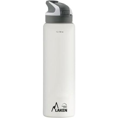 LAKEN Roestvrijstalen drinkfles met automatische sluiting en veiligheidssluiting (1 l, wit), thermosfles met 24-uurs koudetechnologie, lekvrije fles voor werk en reizen LAKEN Roestvrijstalen drinkfles met automatische sluiting en veiligheidssluiting (1 l, wit), thermosfles met 24-uurs koudetechnologie, lekvrije fles voor werk en reizen
