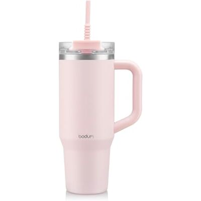 Bodum Reismok Tumbler 1,2 l poederroze metalen waterfles met rietje, handvat en deksel vaatwasmachinebestendig voor koude dranken en warme koffie Bodum Reismok Tumbler 1,2 l poederroze metalen waterfles met rietje, handvat en deksel vaatwasmachinebestendig voor koude dranken en warme koffie