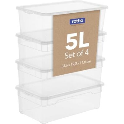 Rotho Clear Set van 4 opbergdozen 5l met deksel, Kunststof (PP) BPA-vrij, transparante, 4 x 5l (33.0 x 19.0 x 11.0 cm) Rotho Clear Set van 4 opbergdozen 5l met deksel, Kunststof (PP) BPA-vrij, transparante, 4 x 5l (33.0 x 19.0 x 11.0 cm)