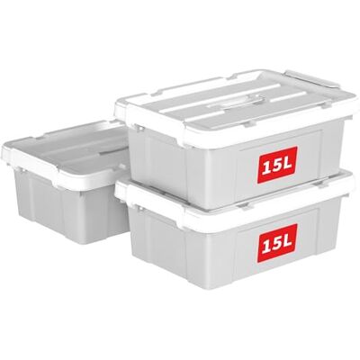 Cetomo 15L x 3 opbergdozen, draag plastic opbergdoos met deksels, organiserende container met handvat en veilige vergrendelende gespen, stapelbaar, nestbaar, draagtas voor thuiskantoor kleding, Cetomo 15L x 3 opbergdozen, draag plastic opbergdoos met deksels, organiserende container met handvat en veilige vergrendelende gespen, stapelbaar, nestbaar, draagtas voor thuiskantoor kleding,