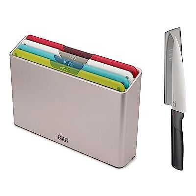 Joseph Joseph Folio Icon, 4-delige Antislip Snijplankenset met Kleurcodering en Opberghoes met Koksmes, Middel, Wit Joseph Joseph Folio Icon, 4-delige Antislip Snijplankenset met Kleurcodering en Opberghoes met Koksmes, Middel, Wit