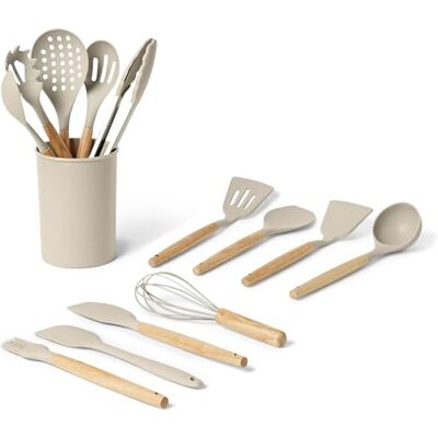 Amazon Basics Siliconen Set Kookgerei met Houten Handvat, 14-delige Set, BPA-vrij, inclusief Kookgereihouder, Linnengrijs Amazon Basics Siliconen Set Kookgerei met Houten Handvat, 14-delige Set, BPA-vrij, inclusief Kookgereihouder, Linnengrijs