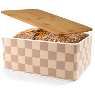 Lumaland Cuisine Broodtrommel in trendy ruitdesign, broodtrommel van metaal met bamboedeksel, rechthoekig, 8 l, houten deksel, multifunctioneel, 2-in-1 broodtrommel en snijplank Lumaland Cuisine Broodtrommel in trendy ruitdesign, broodtrommel van metaal met bamboedeksel, rechthoekig, 8 l, houten deksel, multifunctioneel, 2-in-1 broodtrommel en snijplank