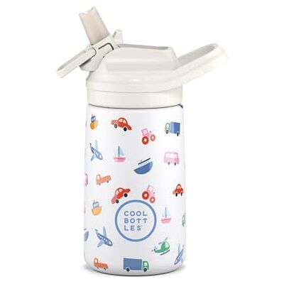 Cool Bottles Geïsoleerde waterfles van roestvrij staal 36 uur koud en 18 uur warm Little Wheels 350 ml Cool Bottles Geïsoleerde waterfles van roestvrij staal 36 uur koud en 18 uur warm Little Wheels 350 ml