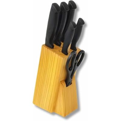 PARENCE .- 7-delig messenblok met zwarte coating Complete set met schaar en houten blok Veelzijdige keukenmessen PARENCE .- 7-delig messenblok met zwarte coating Complete set met schaar en houten blok Veelzijdige keukenmessen