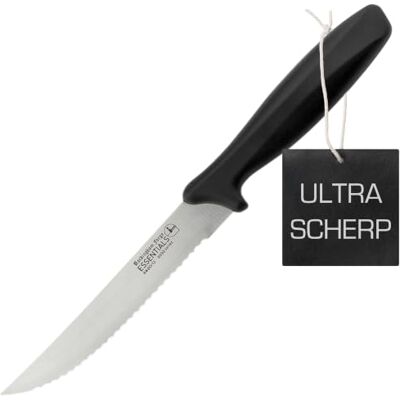 Rio 12,5 cm Universeel mes met kartels Lichtgewicht scherpe roestvrijstalen keukenmessen met zwart handvat Rio 12,5 cm Universeel mes met kartels Lichtgewicht scherpe roestvrijstalen keukenmessen met zwart handvat