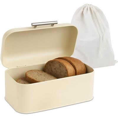 Relaxdays broodtrommel met broodzak en deksel, 15,5 x 30 x 21 cm, retro, beige, metalen brooddoos HBT 15,5x30x21 cm, broodkist retro design, metaal Relaxdays broodtrommel met broodzak en deksel, 15,5 x 30 x 21 cm, retro, beige, metalen brooddoos HBT 15,5x30x21 cm, broodkist retro design, metaal
