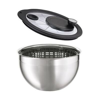 RÖSLE slacentrifuge met glazen deksel, Ø 24 cm, roestvrij staal 18/10, 2-ton gepolijst, zwengelaandrijving, volledig demonteerbaar, vaatwasmachinebestendig RÖSLE slacentrifuge met glazen deksel, Ø 24 cm, roestvrij staal 18/10, 2-ton gepolijst, zwengelaandrijving, volledig demonteerbaar, vaatwasmachinebestendig