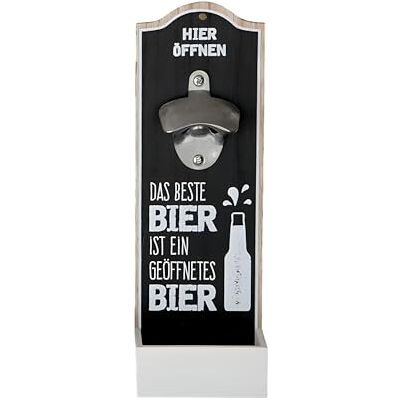 GILDE Flesopener voor aan de muur, metalen opener, kroonkurkverzamelaar, het beste bier is een geopend bier, hoogte 30 cm, zwart/wit, hout GILDE Flesopener voor aan de muur, metalen opener, kroonkurkverzamelaar, het beste bier is een geopend bier, hoogte 30 cm, zwart/wit, hout