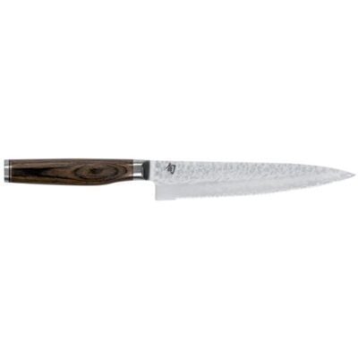 KAI Shun Premier Tim Mälzer Japans universeel mes met gekartelde rand 16,5 cm lemmetlengte VG-MAX kern 61 HRC, 32 lagen damast hoogglans gepolijst pakkahout middelbruin hamerslagoppervlak KAI Shun Premier Tim Mälzer Japans universeel mes met gekartelde rand 16,5 cm lemmetlengte VG-MAX kern 61 HRC, 32 lagen damast hoogglans gepolijst pakkahout middelbruin hamerslagoppervlak