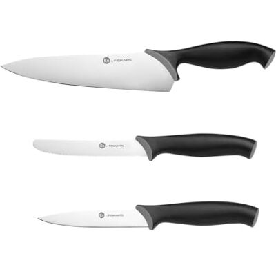 Fiskars Messenset (3-delig), Koksmes groot, Groentemes, Tomatenmes Meslengtes: 21 cm, 11 cm, 11,5 cm), Essential, Roestvrij staal / PP-kunststof, Zwart, 1081134 Fiskars Messenset (3-delig), Koksmes groot, Groentemes, Tomatenmes Meslengtes: 21 cm, 11 cm, 11,5 cm), Essential, Roestvrij staal / PP-kunststof, Zwart, 1081134