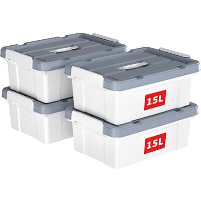 Cetomo 15L x 4 opbergdozen, plastic opbergdoos met deksels, organiserende container met handvat en veilige vergrendelende gespen, stapelbaar, nestbaar, draagtas voor thuiskantoor kleding, 15L-4Pack, Cetomo 15L x 4 opbergdozen, plastic opbergdoos met deksels, organiserende container met handvat en veilige vergrendelende gespen, stapelbaar, nestbaar, draagtas voor thuiskantoor kleding, 15L-4Pack,