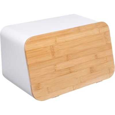 Avilia Broodtrommel met snijplank, broodtrommel met snijplank, van metaal en bamboe, 36,7 x 18,4 x 21,8 cm, wit en bruin Avilia Broodtrommel met snijplank, broodtrommel met snijplank, van metaal en bamboe, 36,7 x 18,4 x 21,8 cm, wit en bruin