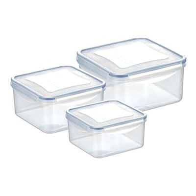 Avilia Set van 3 vierkante, transparante containers met luchtdichte siliconen sluiting: praktische oplossing voor het bewaren en transporteren van verse en beschermde levensmiddelen Avilia Set van 3 vierkante, transparante containers met luchtdichte siliconen sluiting: praktische oplossing voor het bewaren en transporteren van verse en beschermde levensmiddelen