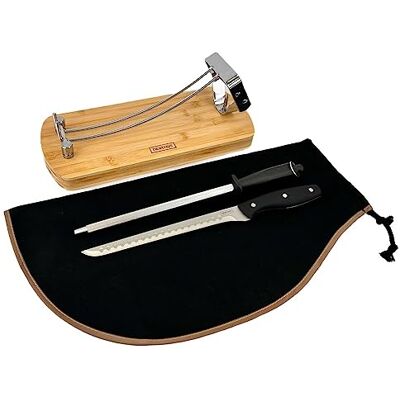 NERTHUS FIH 1208 opvouwbare hamhouder set staal en bamboe hammes slijper en hoes voor ham snijden NERTHUS FIH 1208 opvouwbare hamhouder set staal en bamboe hammes slijper en hoes voor ham snijden