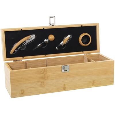 DRW Houten etui voor 1 fles met 4 wijnaccessoires van Emtal in natuur en chroom, 9 x 34 x 8,5 cm DRW Houten etui voor 1 fles met 4 wijnaccessoires van Emtal in natuur en chroom, 9 x 34 x 8,5 cm