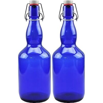 mikken 2 x blauwe glazen fles 0,75 liter met beugelsluiting van porselein, incl. labels mikken 2 x blauwe glazen fles 0,75 liter met beugelsluiting van porselein, incl. labels