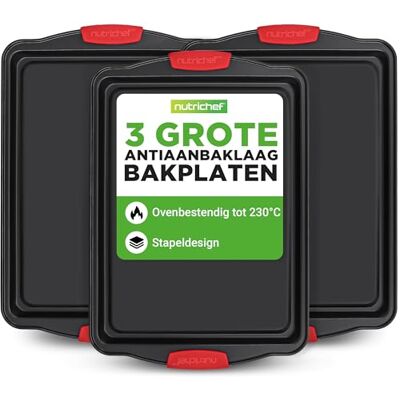 Nutrichef Set van 3 Grote Anti-aanbak Koekjes Bakplaten Stapelbare Bakgerei Set in Zwart met Siliconen Handgrepen, Geschikt voor de Oven tot 446°F Gelijke Warmteverdeling en Makkelijk Loslaten, Nutrichef Set van 3 Grote Anti-aanbak Koekjes Bakplaten Stapelbare Bakgerei Set in Zwart met Siliconen Handgrepen, Geschikt voor de Oven tot 446°F Gelijke Warmteverdeling en Makkelijk Loslaten,