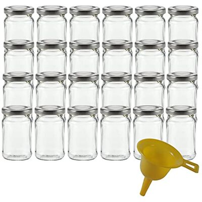 mikken 24 x kleine inmaakpotten 107 ml met zilverkleurig deksel, ronde glazen potten als jampotten, kruidenpotjes, gastgeschenk etc. bruikbaar (incl. trechter) mikken 24 x kleine inmaakpotten 107 ml met zilverkleurig deksel, ronde glazen potten als jampotten, kruidenpotjes, gastgeschenk etc. bruikbaar (incl. trechter)