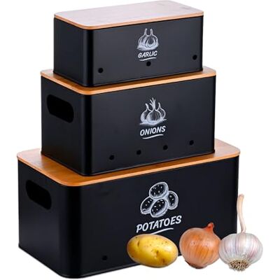 Relaxdays opbergdozen 3-set, Groente en aardappel voorraadpotten, met deksel, 19x33x15 cm, zwart Relaxdays opbergdozen 3-set, Groente en aardappel voorraadpotten, met deksel, 19x33x15 cm, zwart