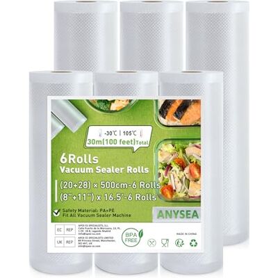 Anysea Vacuümzakken, levensmiddelen: professionele folierollen 20 x 28 x 500 cm, 6 rollen vacuümzakken, BPA-vrij Anysea Vacuümzakken, levensmiddelen: professionele folierollen 20 x 28 x 500 cm, 6 rollen vacuümzakken, BPA-vrij