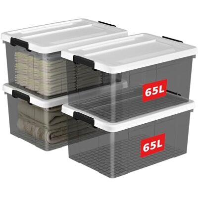 Cetomo 65L x 4 opbergdozen, plastic opbergdoos met deksels, organiserende container met veilige vergrendelende gespen, stapelbaar, nestbaar, grote bak voor huiskleding, 65L-4Pack, helder zwart Cetomo 65L x 4 opbergdozen, plastic opbergdoos met deksels, organiserende container met veilige vergrendelende gespen, stapelbaar, nestbaar, grote bak voor huiskleding, 65L-4Pack, helder zwart